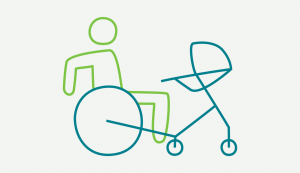 gráfica en la que aparece el ícono de una persona en silla de ruedas con un sistema que le permite anclar un coche de bebé a la silla de ruedas