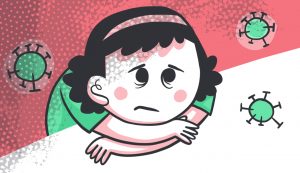 gráfica con fondo de color rosa con una ilustración de una niña apoyada sobre una mesa con una expresión de tristeza rodeada por imágenes de virus